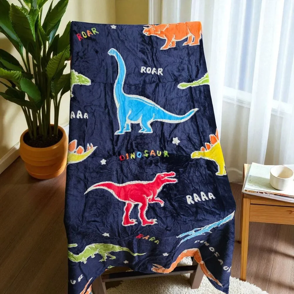 Glow in the Dark Dinosaur Throw Blanket – Blue, for Kids, Soft & Cozy, NEW - Picture 4 of 11